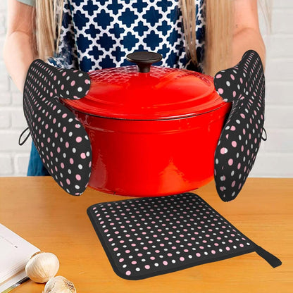 3PCS Oven Mitts and Pot Holders Sets, Black, Pink, Gray and White Dots Oven Mitts Set Heat Resistant Kitchen Microwave Gloves Safe for Baking,Cooking, BBQ