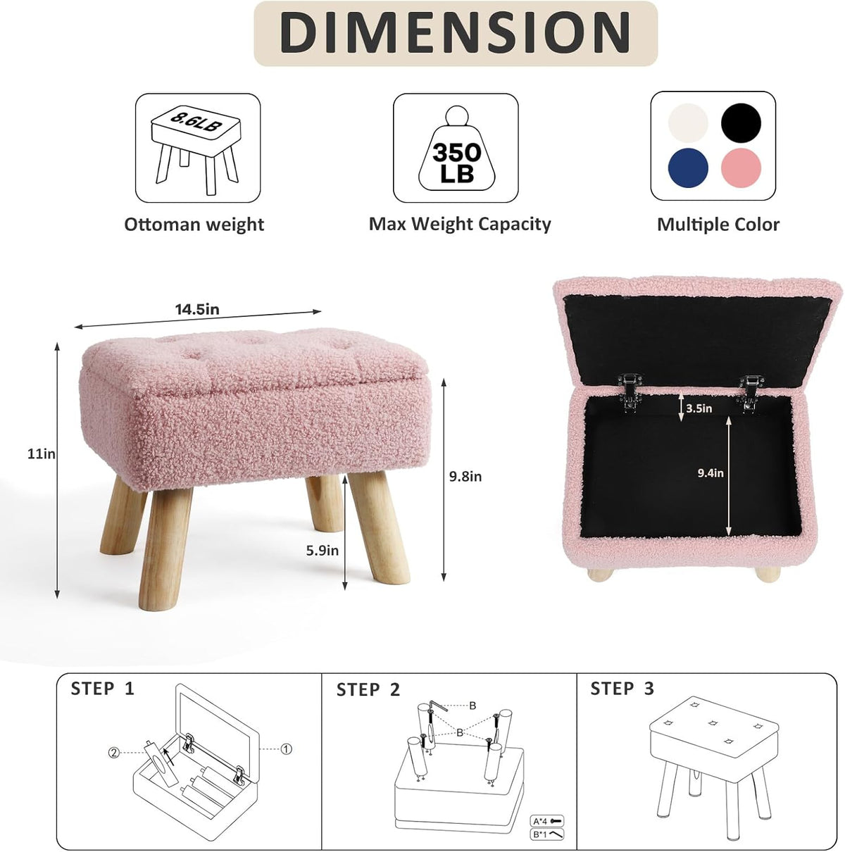 Storage Ottoman, Small Foot Stool Ottoman with Storage, Boucle Teddy Velvet Foot Rest with Padded Seat, Sturdy Wood Legs Stool for Living Room, Bedroom, Couch, Enterway (Pink)