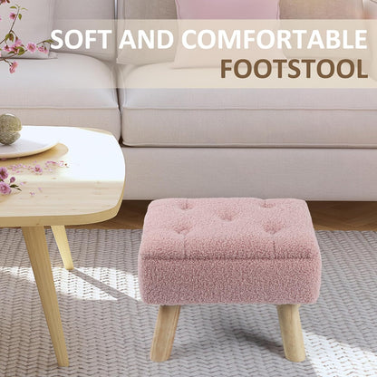 Storage Ottoman, Small Foot Stool Ottoman with Storage, Boucle Teddy Velvet Foot Rest with Padded Seat, Sturdy Wood Legs Stool for Living Room, Bedroom, Couch, Enterway (Pink)