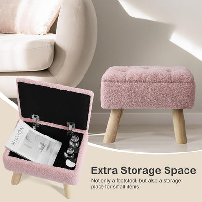Storage Ottoman, Small Foot Stool Ottoman with Storage, Boucle Teddy Velvet Foot Rest with Padded Seat, Sturdy Wood Legs Stool for Living Room, Bedroom, Couch, Enterway (Pink)