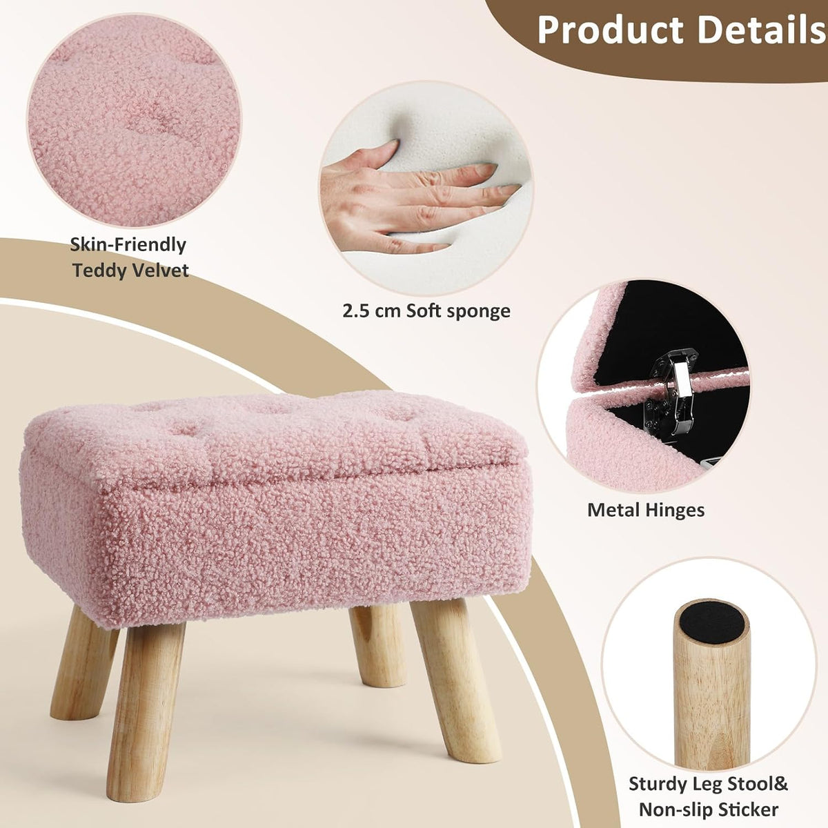 Storage Ottoman, Small Foot Stool Ottoman with Storage, Boucle Teddy Velvet Foot Rest with Padded Seat, Sturdy Wood Legs Stool for Living Room, Bedroom, Couch, Enterway (Pink)