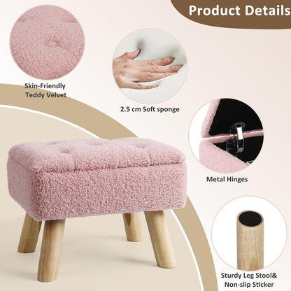Storage Ottoman, Small Foot Stool Ottoman with Storage, Boucle Teddy Velvet Foot Rest with Padded Seat, Sturdy Wood Legs Stool for Living Room, Bedroom, Couch, Enterway (Pink)