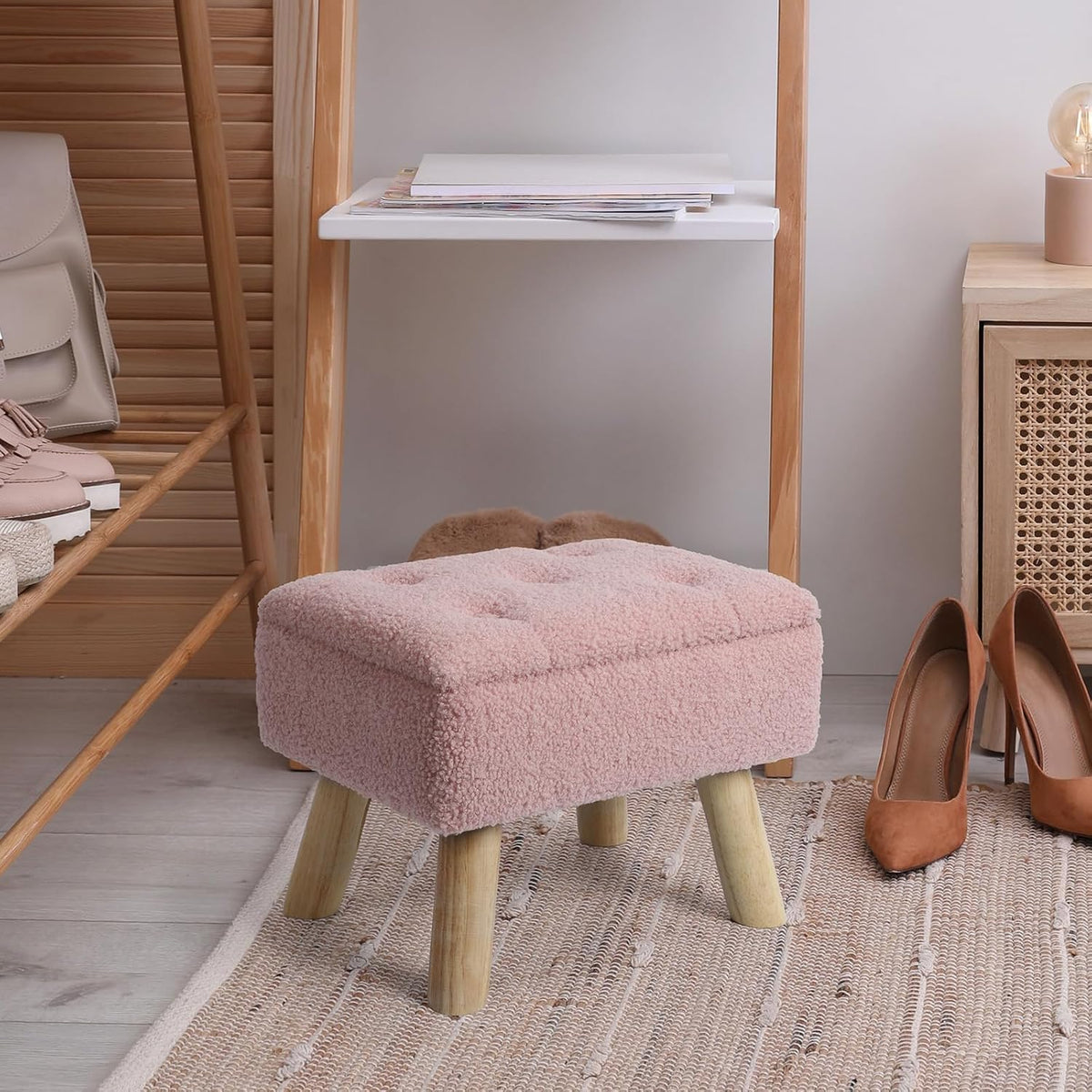 Storage Ottoman, Small Foot Stool Ottoman with Storage, Boucle Teddy Velvet Foot Rest with Padded Seat, Sturdy Wood Legs Stool for Living Room, Bedroom, Couch, Enterway (Pink)