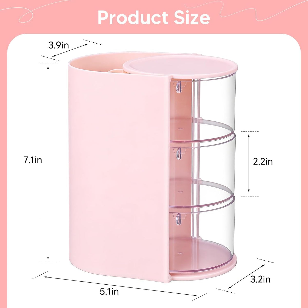 3-Tier Rotating Hair Accessories Organizer, 360° Spinning Storage Stand for Makeup Brushes and Jewelry, Compact Vanity Display Case for Girls, Holds Hair Clips, Earrings, Rings, Bracelets(Pink)