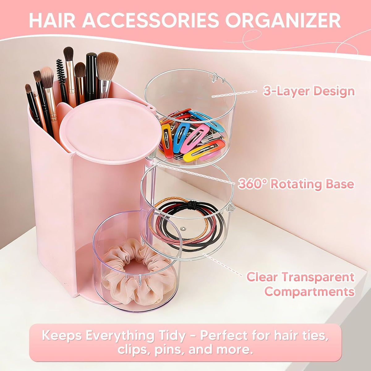 3-Tier Rotating Hair Accessories Organizer, 360° Spinning Storage Stand for Makeup Brushes and Jewelry, Compact Vanity Display Case for Girls, Holds Hair Clips, Earrings, Rings, Bracelets(Pink)
