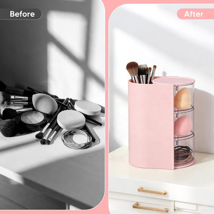 3-Tier Rotating Hair Accessories Organizer, 360° Spinning Storage Stand for Makeup Brushes and Jewelry, Compact Vanity Display Case for Girls, Holds Hair Clips, Earrings, Rings, Bracelets(Pink)