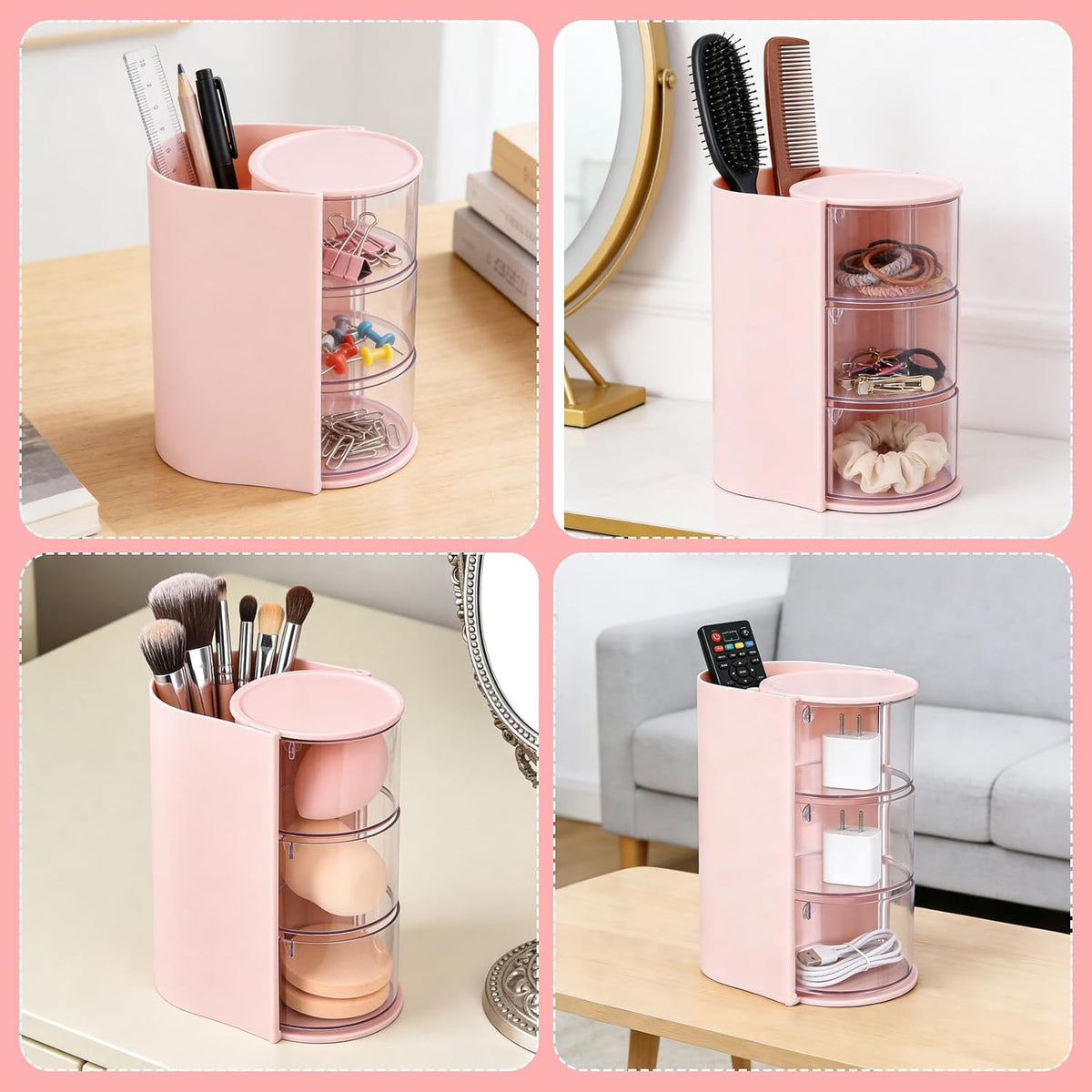 3-Tier Rotating Hair Accessories Organizer, 360° Spinning Storage Stand for Makeup Brushes and Jewelry, Compact Vanity Display Case for Girls, Holds Hair Clips, Earrings, Rings, Bracelets(Pink)