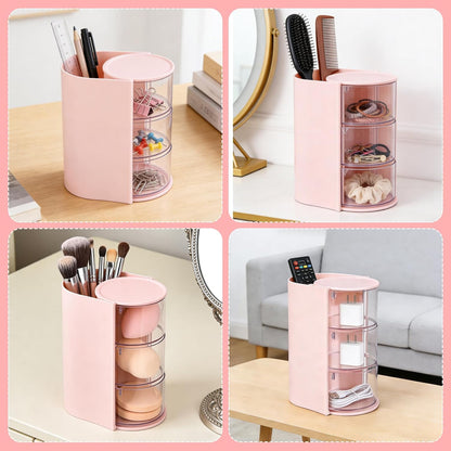 3-Tier Rotating Hair Accessories Organizer, 360° Spinning Storage Stand for Makeup Brushes and Jewelry, Compact Vanity Display Case for Girls, Holds Hair Clips, Earrings, Rings, Bracelets(Pink)
