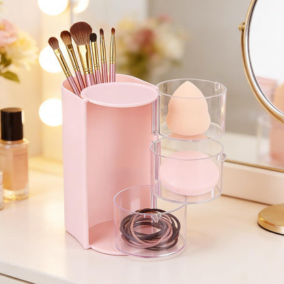 3-Tier Rotating Hair Accessories Organizer, 360° Spinning Storage Stand for Makeup Brushes and Jewelry, Compact Vanity Display Case for Girls, Holds Hair Clips, Earrings, Rings, Bracelets(Pink)