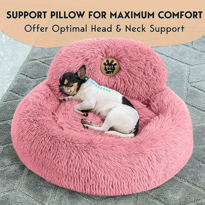 Calming Dog Bed for Small Dogs – 23" Donut Dog Beds, Anti-Slip & Washable Fluffy Plush Faux Fur Pet Bed, Anti-Anxiety Premium Comfort Round Puppy Bed, Fits Dogs up to 25 lbs – Pink