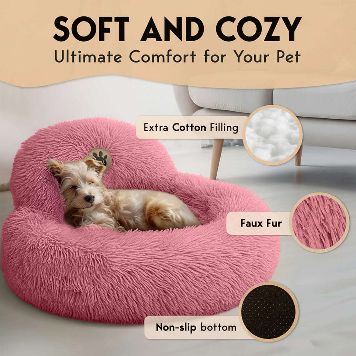 Calming Dog Bed for Small Dogs – 23" Donut Dog Beds, Anti-Slip & Washable Fluffy Plush Faux Fur Pet Bed, Anti-Anxiety Premium Comfort Round Puppy Bed, Fits Dogs up to 25 lbs – Pink