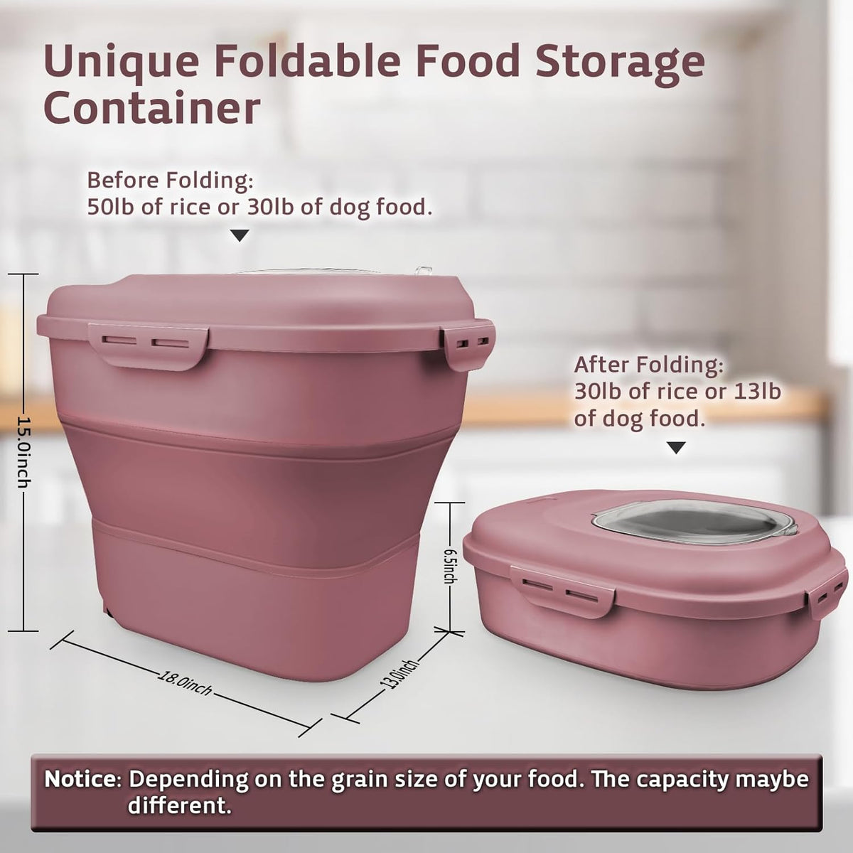 Rice Storage Bin Cereal Containers, 13-50lb Collapsible Rice Container Dispenser with Transparent Lid, Rolling Wheels, Measuring Cup and Scoop, Airtight Dog Cat Pet Food Storage Container Pink