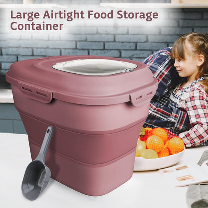 Rice Storage Bin Cereal Containers, 13-50lb Collapsible Rice Container Dispenser with Transparent Lid, Rolling Wheels, Measuring Cup and Scoop, Airtight Dog Cat Pet Food Storage Container Pink