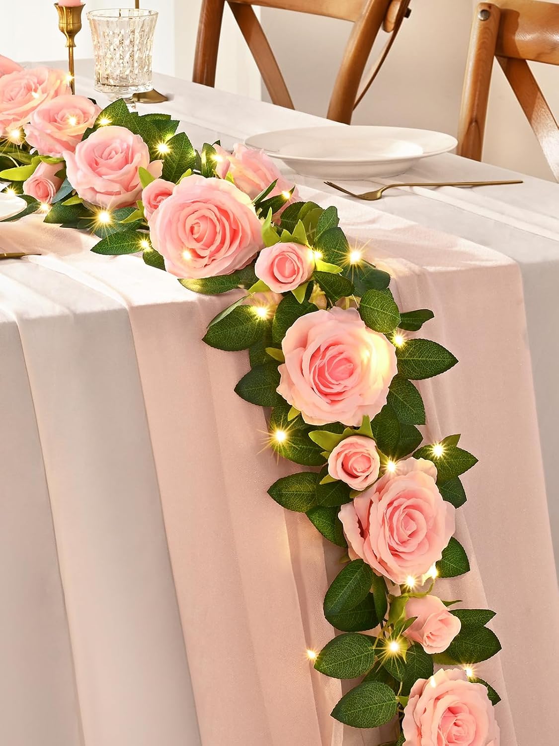 2Pcs Flower Garland with Lights, 13.2Ft Realistic Rose Floral Garland, Pink
