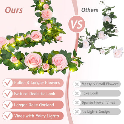 2Pcs Flower Garland with Lights, 13.2Ft Realistic Rose Floral Garland, Pink