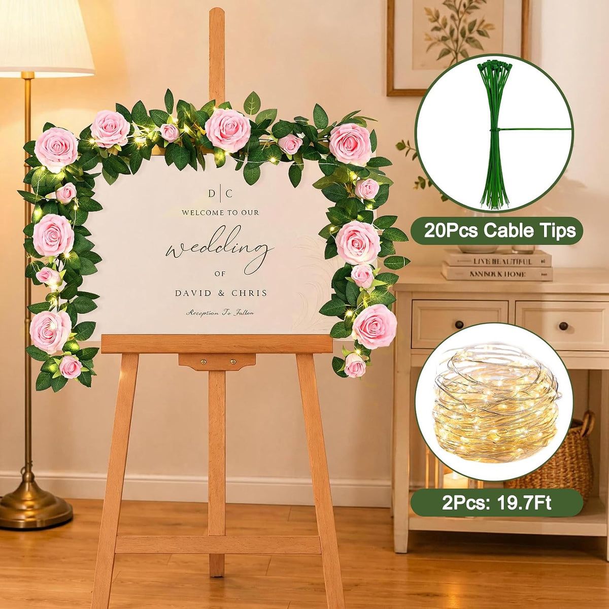 2Pcs Flower Garland with Lights, 13.2Ft Realistic Rose Floral Garland, Pink