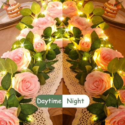 2Pcs Flower Garland with Lights, 13.2Ft Realistic Rose Floral Garland, Pink