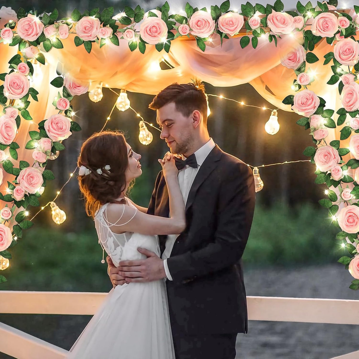 2Pcs Flower Garland with Lights, 13.2Ft Realistic Rose Floral Garland, Pink