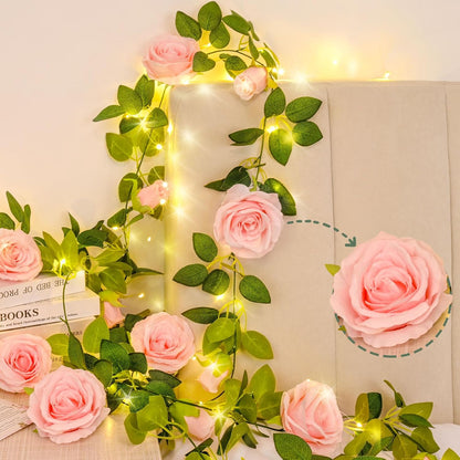 2Pcs Flower Garland with Lights, 13.2Ft Realistic Rose Floral Garland, Pink