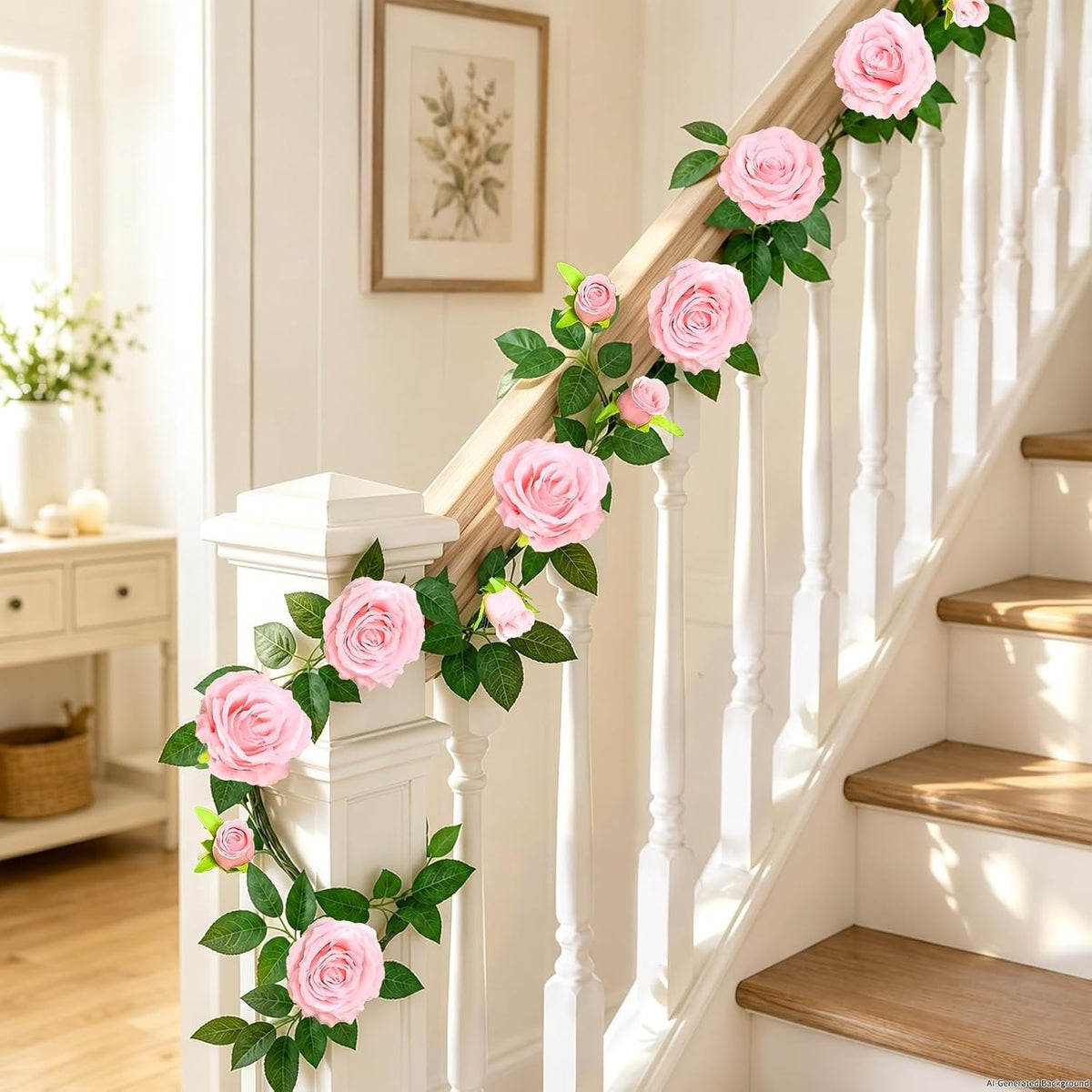 2Pcs Flower Garland with Lights, 13.2Ft Realistic Rose Floral Garland, Pink
