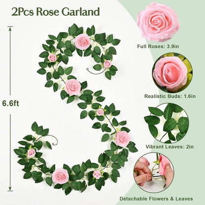 2Pcs Flower Garland with Lights, 13.2Ft Realistic Rose Floral Garland, Pink