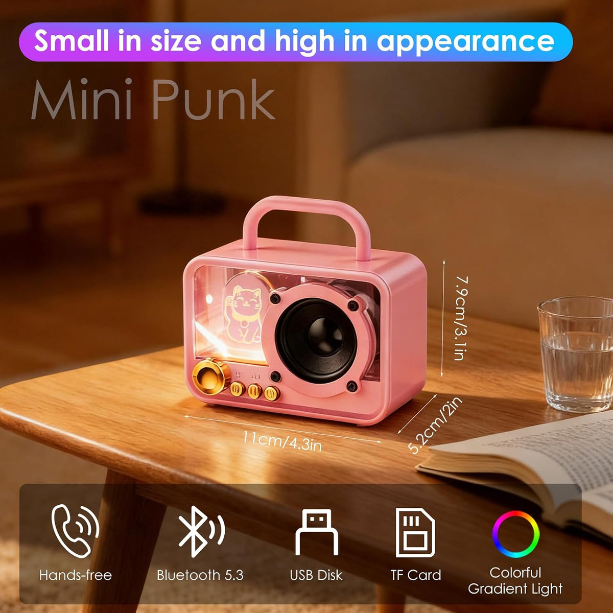 Cute Bluetooth Speaker with RGB Lights, Portable Wireless Stereo