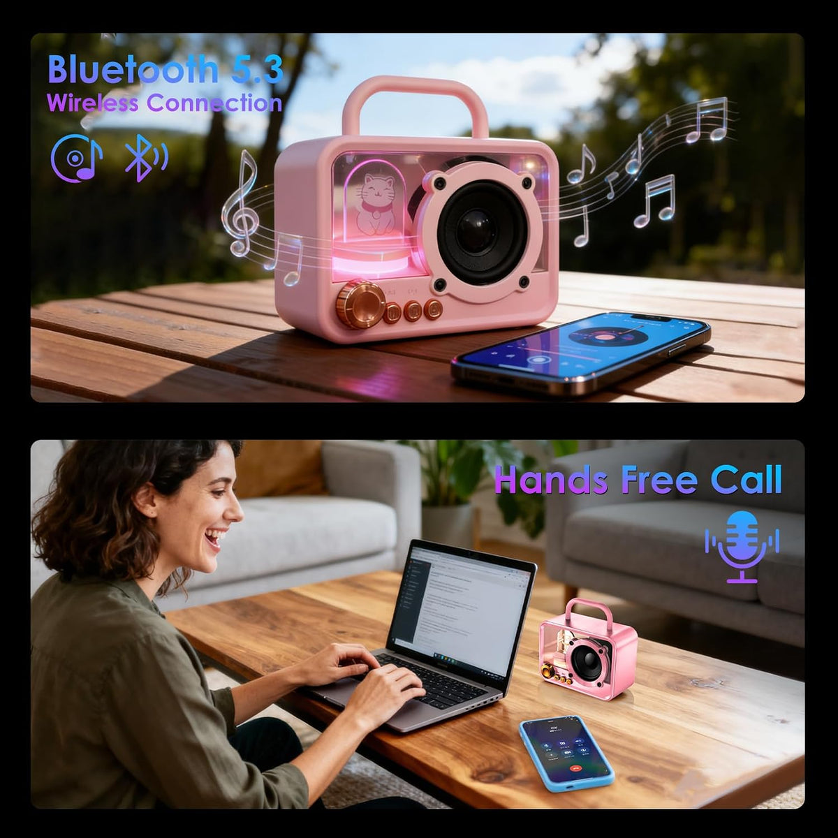 Cute Bluetooth Speaker with RGB Lights, Portable Wireless Stereo