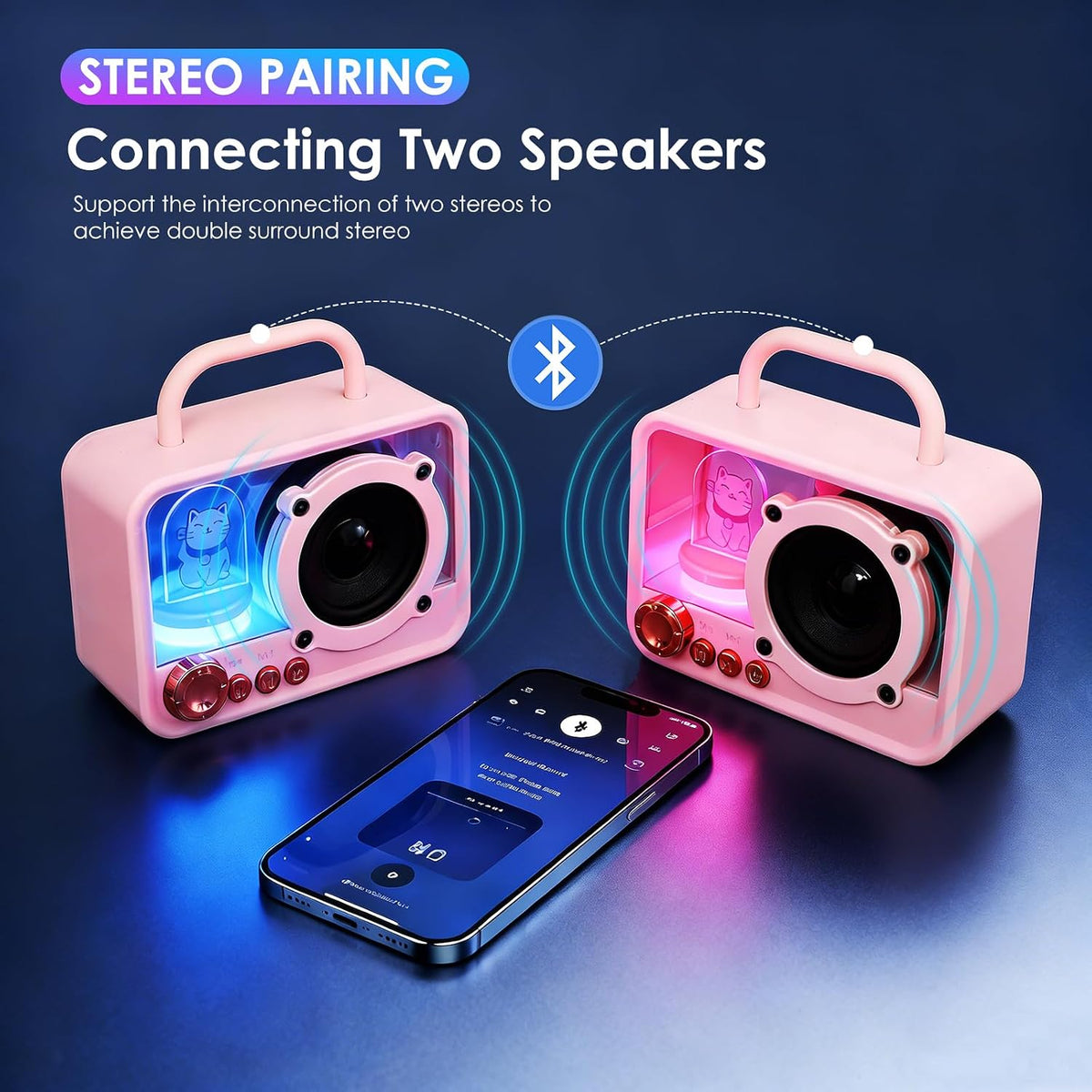 Cute Bluetooth Speaker with RGB Lights, Portable Wireless Stereo