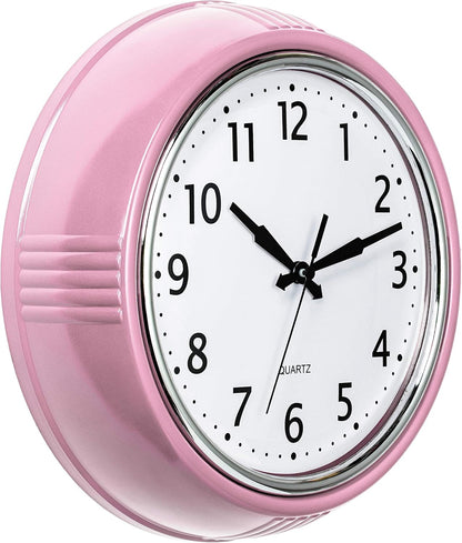 Retro Wall Clock 9.5 Inch Pink Kitchen 50's Vintage Design Round Silent Non Ticking Battery Operated Quality Quartz for Home Office Baby Nursery Girls Room Classroom, Easy to Read