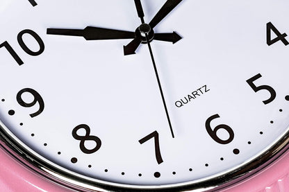 Retro Wall Clock 9.5 Inch Pink Kitchen 50's Vintage Design Round Silent Non Ticking Battery Operated Quality Quartz for Home Office Baby Nursery Girls Room Classroom, Easy to Read