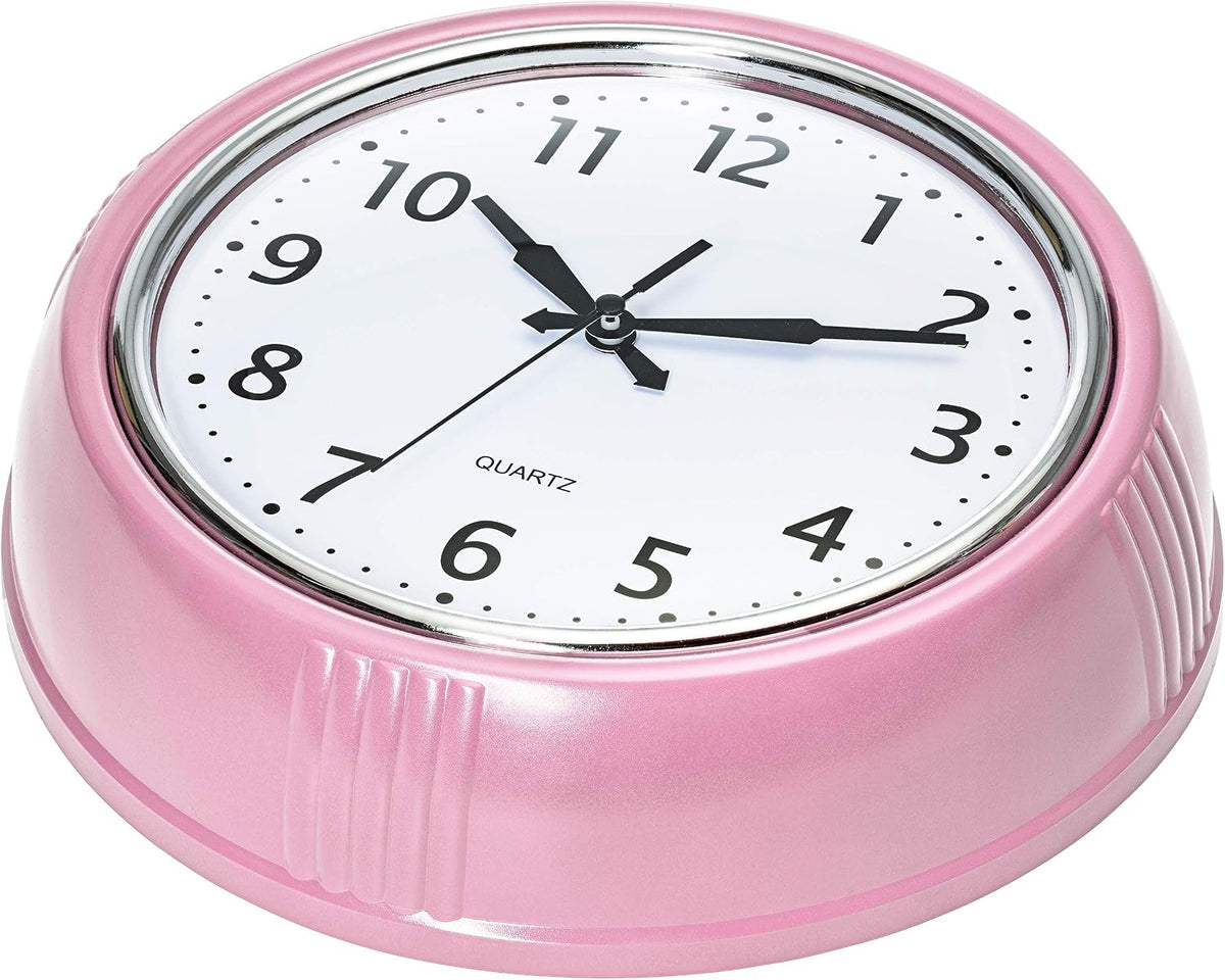 Retro Wall Clock 9.5 Inch Pink Kitchen 50's Vintage Design Round Silent Non Ticking Battery Operated Quality Quartz for Home Office Baby Nursery Girls Room Classroom, Easy to Read