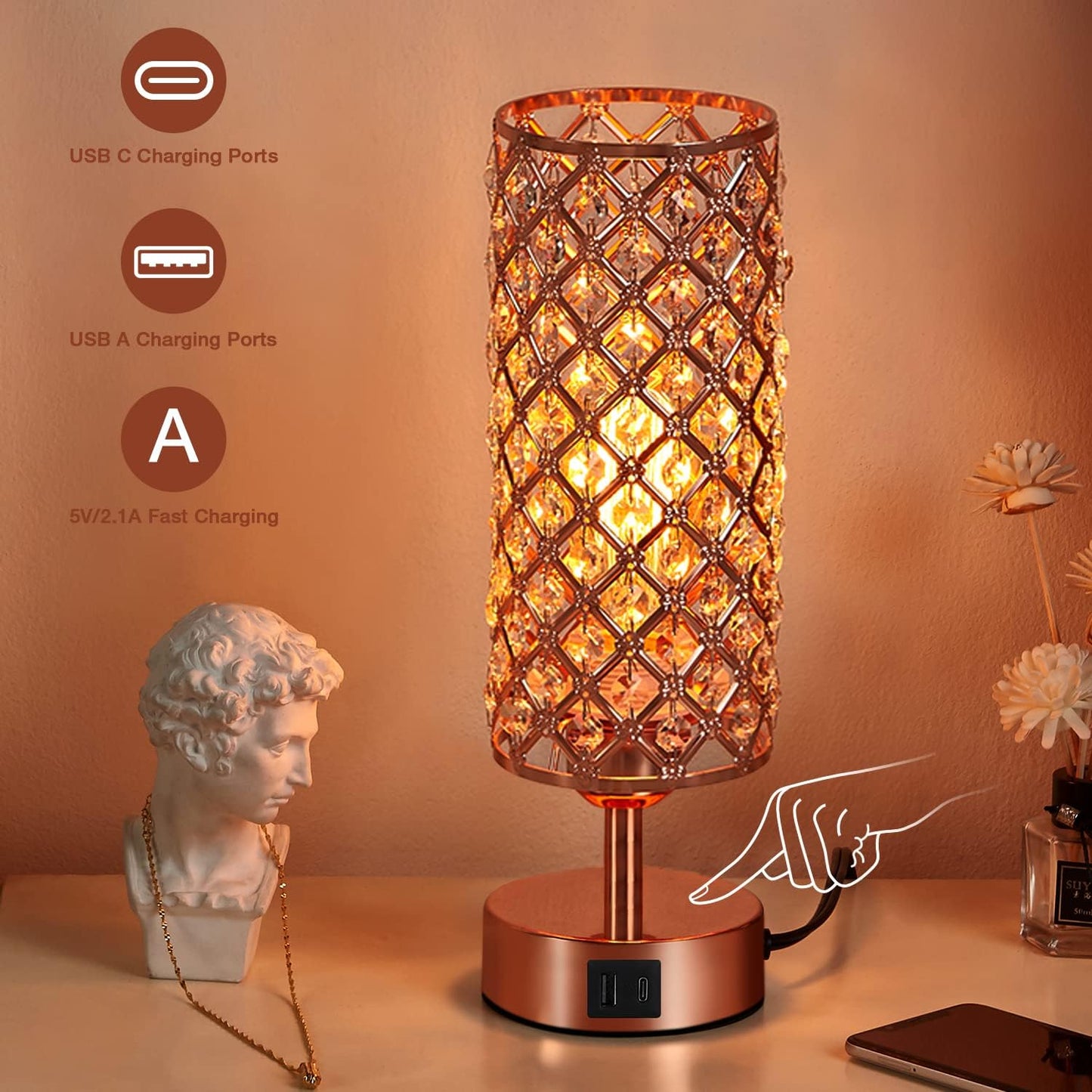 Crystal Table Lamp - 3-Way Dimmable Touch Control, Rose Gold Bedside Lamp with USB C and A Ports, Nightstand Light for Living Room, Bedroom, Home Office (Bulb Included)