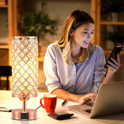 Crystal Table Lamp - 3-Way Dimmable Touch Control, Rose Gold Bedside Lamp with USB C and A Ports, Nightstand Light for Living Room, Bedroom, Home Office (Bulb Included)