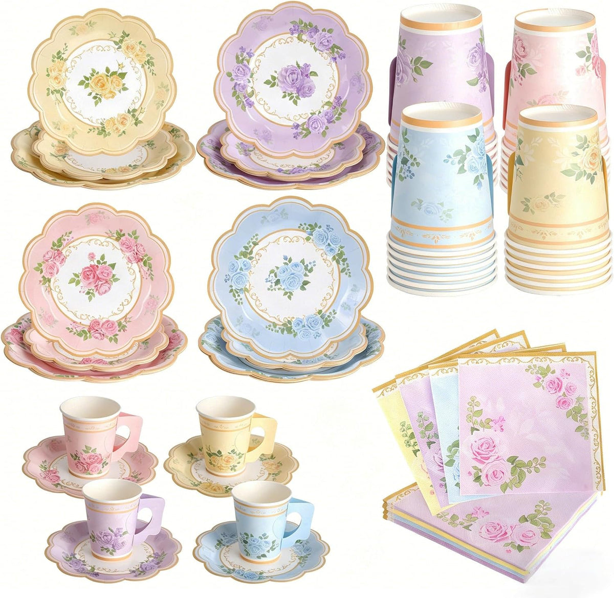 Floral Tea Party Supplies, 96 PCS Heavy-Duty Paper Plates with Handle Cups and Napkins, 7" Dessert 9" Dinner Plates, Leak-Proof Disposable Tableware for Bridal Shower Garden Party