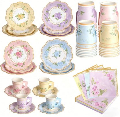 Floral Tea Party Supplies, 96 PCS Heavy-Duty Paper Plates with Handle Cups and Napkins, 7" Dessert 9" Dinner Plates, Leak-Proof Disposable Tableware for Bridal Shower Garden Party