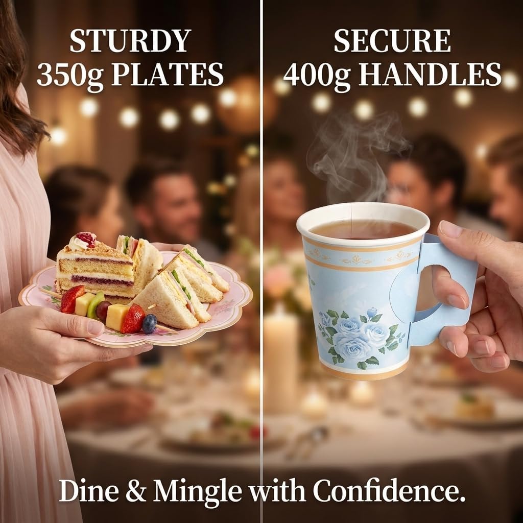 Floral Tea Party Supplies, 96 PCS Heavy-Duty Paper Plates with Handle Cups and Napkins, 7" Dessert 9" Dinner Plates, Leak-Proof Disposable Tableware for Bridal Shower Garden Party