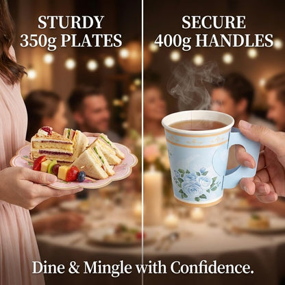 Floral Tea Party Supplies, 96 PCS Heavy-Duty Paper Plates with Handle Cups and Napkins, 7" Dessert 9" Dinner Plates, Leak-Proof Disposable Tableware for Bridal Shower Garden Party