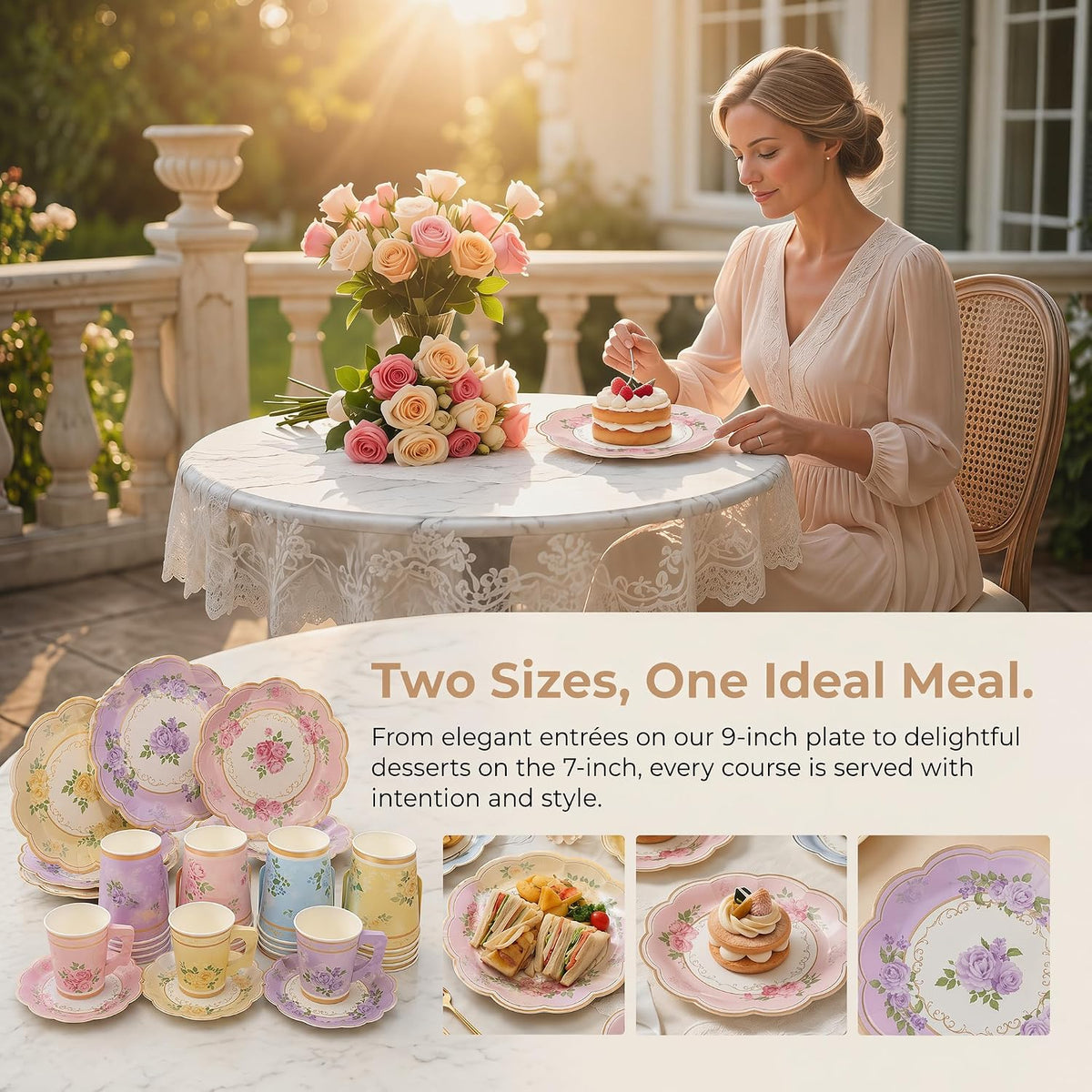 Floral Tea Party Supplies, 96 PCS Heavy-Duty Paper Plates with Handle Cups and Napkins, 7" Dessert 9" Dinner Plates, Leak-Proof Disposable Tableware for Bridal Shower Garden Party