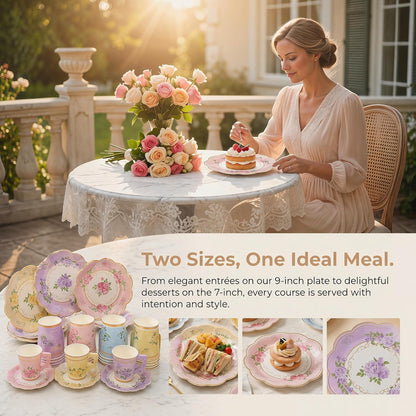 Floral Tea Party Supplies, 96 PCS Heavy-Duty Paper Plates with Handle Cups and Napkins, 7" Dessert 9" Dinner Plates, Leak-Proof Disposable Tableware for Bridal Shower Garden Party