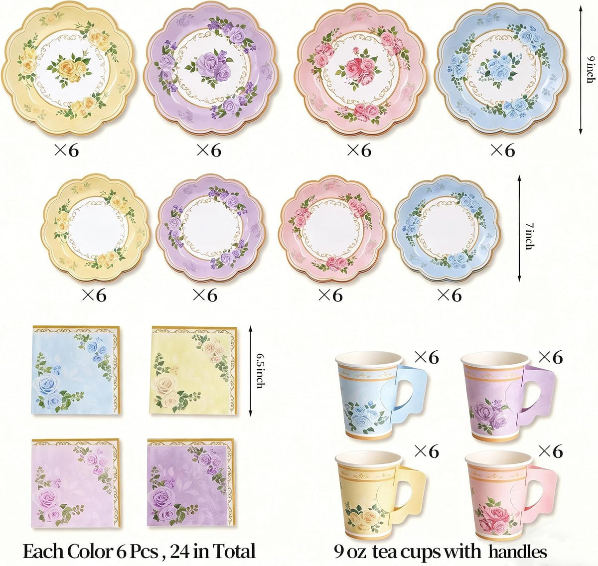 Floral Tea Party Supplies, 96 PCS Heavy-Duty Paper Plates with Handle Cups and Napkins, 7" Dessert 9" Dinner Plates, Leak-Proof Disposable Tableware for Bridal Shower Garden Party