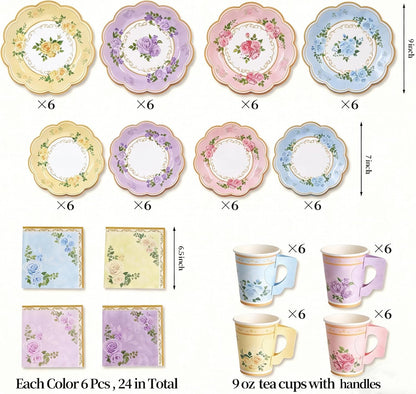 Floral Tea Party Supplies, 96 PCS Heavy-Duty Paper Plates with Handle Cups and Napkins, 7" Dessert 9" Dinner Plates, Leak-Proof Disposable Tableware for Bridal Shower Garden Party