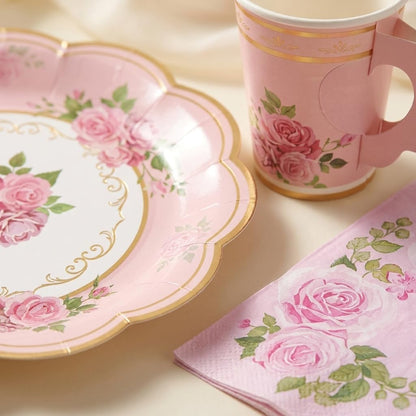 Floral Tea Party Supplies, 96 PCS Heavy-Duty Paper Plates with Handle Cups and Napkins, 7" Dessert 9" Dinner Plates, Leak-Proof Disposable Tableware for Bridal Shower Garden Party