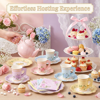 Floral Tea Party Supplies, 96 PCS Heavy-Duty Paper Plates with Handle Cups and Napkins, 7" Dessert 9" Dinner Plates, Leak-Proof Disposable Tableware for Bridal Shower Garden Party