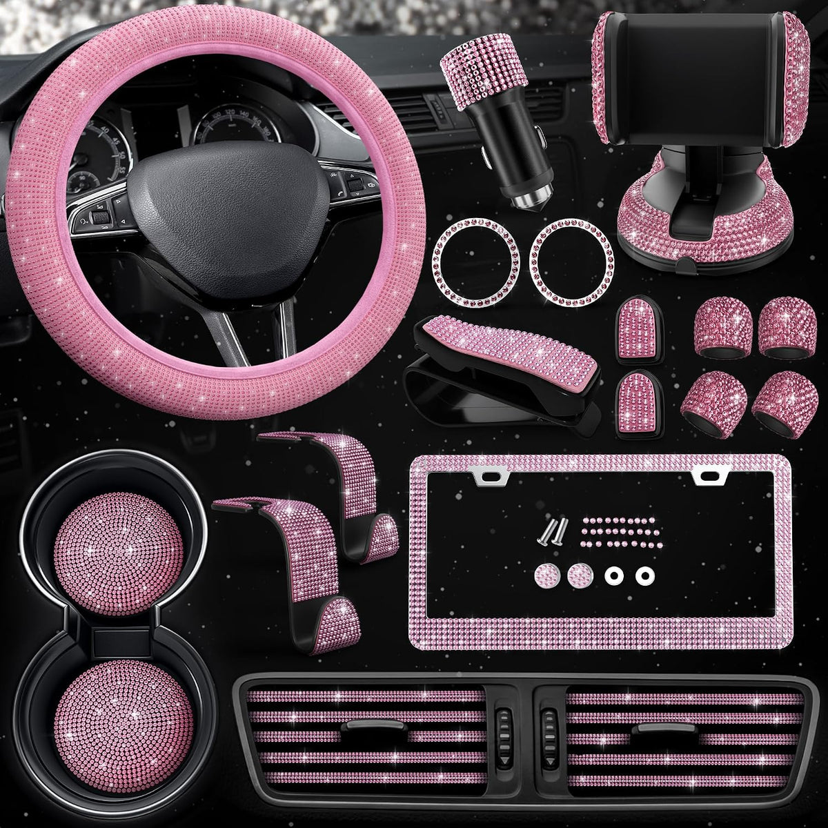 Pink Bling Car Accessories Set, 27 Pcs, for Women Drivers