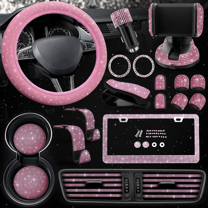 Pink Bling Car Accessories Set, 27 Pcs, for Women Drivers