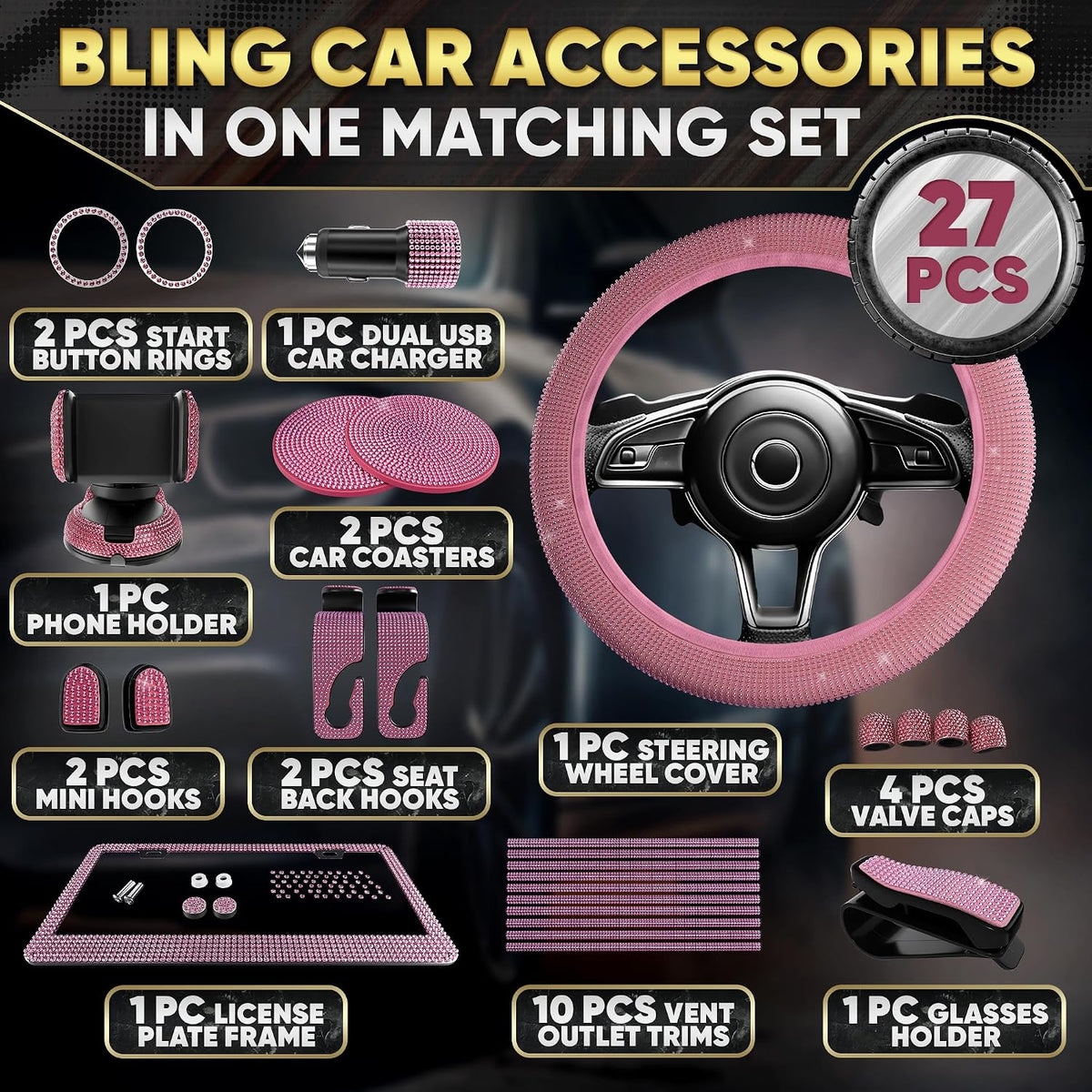 Pink Bling Car Accessories Set, 27 Pcs, for Women Drivers