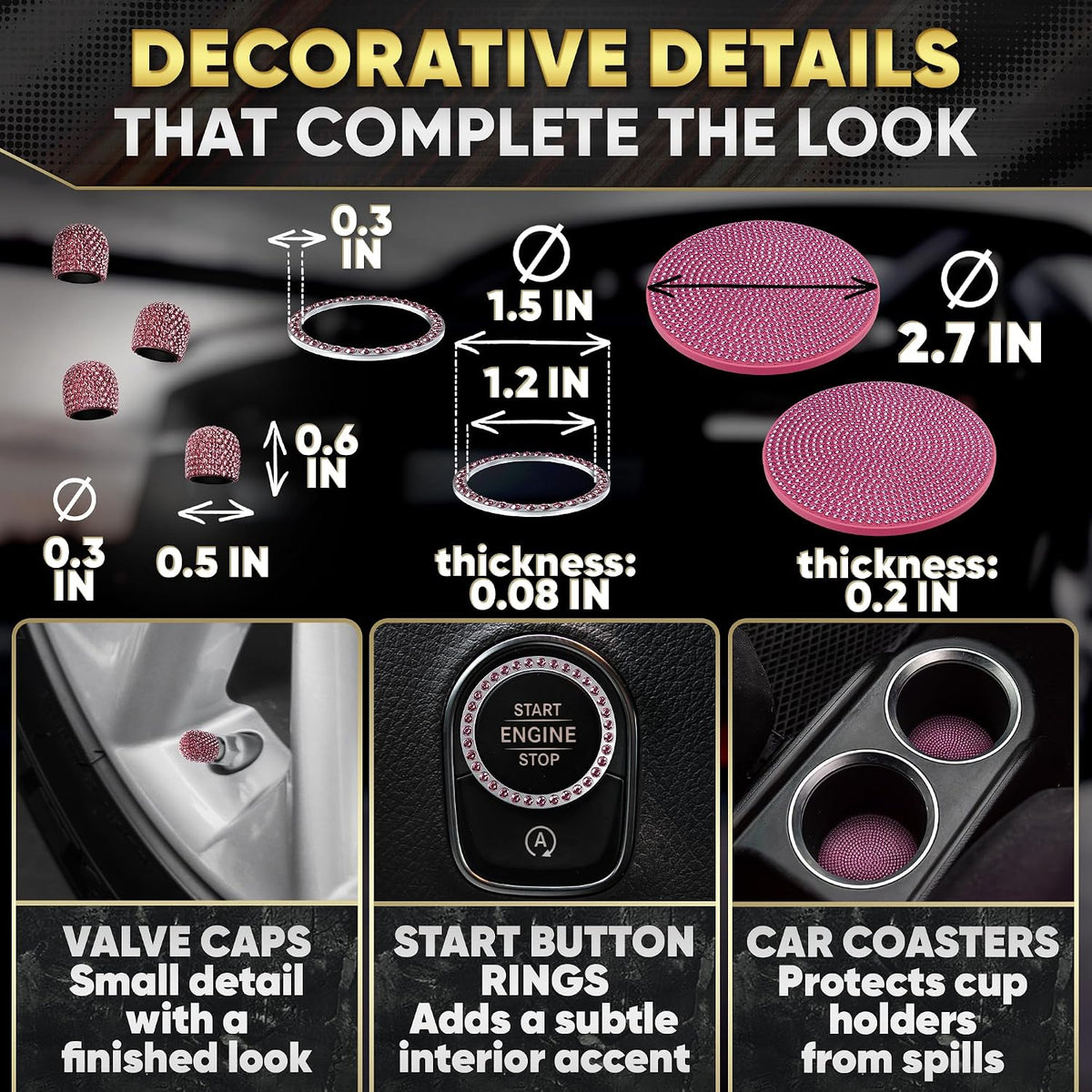 Pink Bling Car Accessories Set, 27 Pcs, for Women Drivers