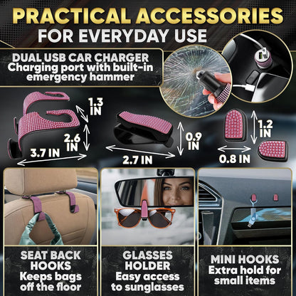 Pink Bling Car Accessories Set, 27 Pcs, for Women Drivers