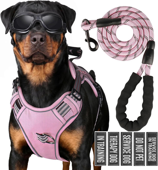 Dog Harness and Leash Set for Medium Dogs, No Pull Tactical Dog Harness, Service Dog Vest with Name Patches, Adjustable Reflective Military Dog Harness with Handle & MOLLE for Training, Pink, M