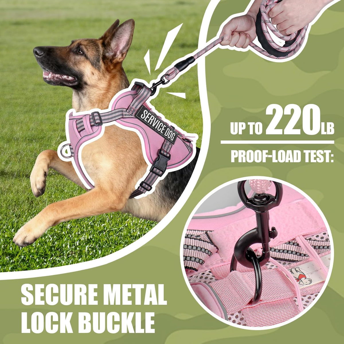 Dog Harness and Leash Set for Medium Dogs, No Pull Tactical Dog Harness, Service Dog Vest with Name Patches, Adjustable Reflective Military Dog Harness with Handle & MOLLE for Training, Pink, M